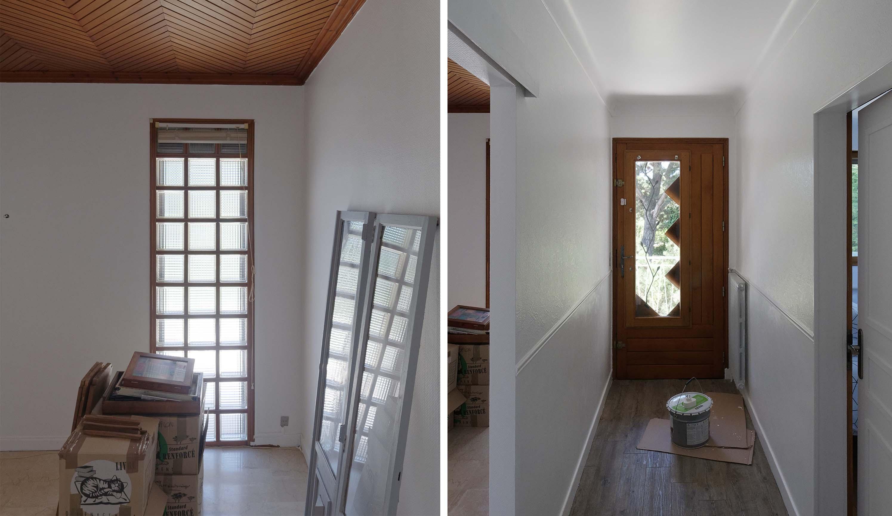 Photographies de l'existant : Mur, pavés de verre et lambris en faux plafond | Couloir et porte d'entrée.