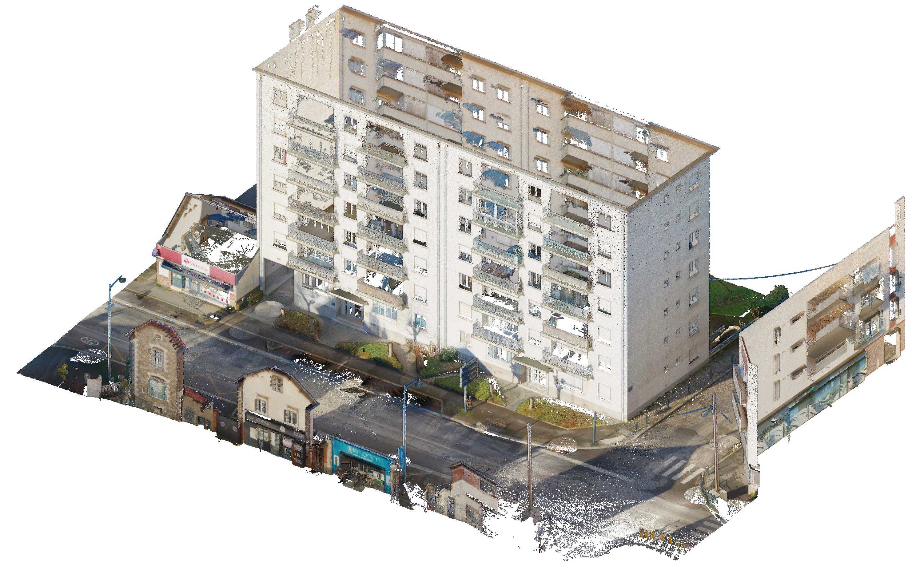 Axonométrie Sud-Est : Relevé de l'existant, extrait du nuage de points réalisé au scanner laser