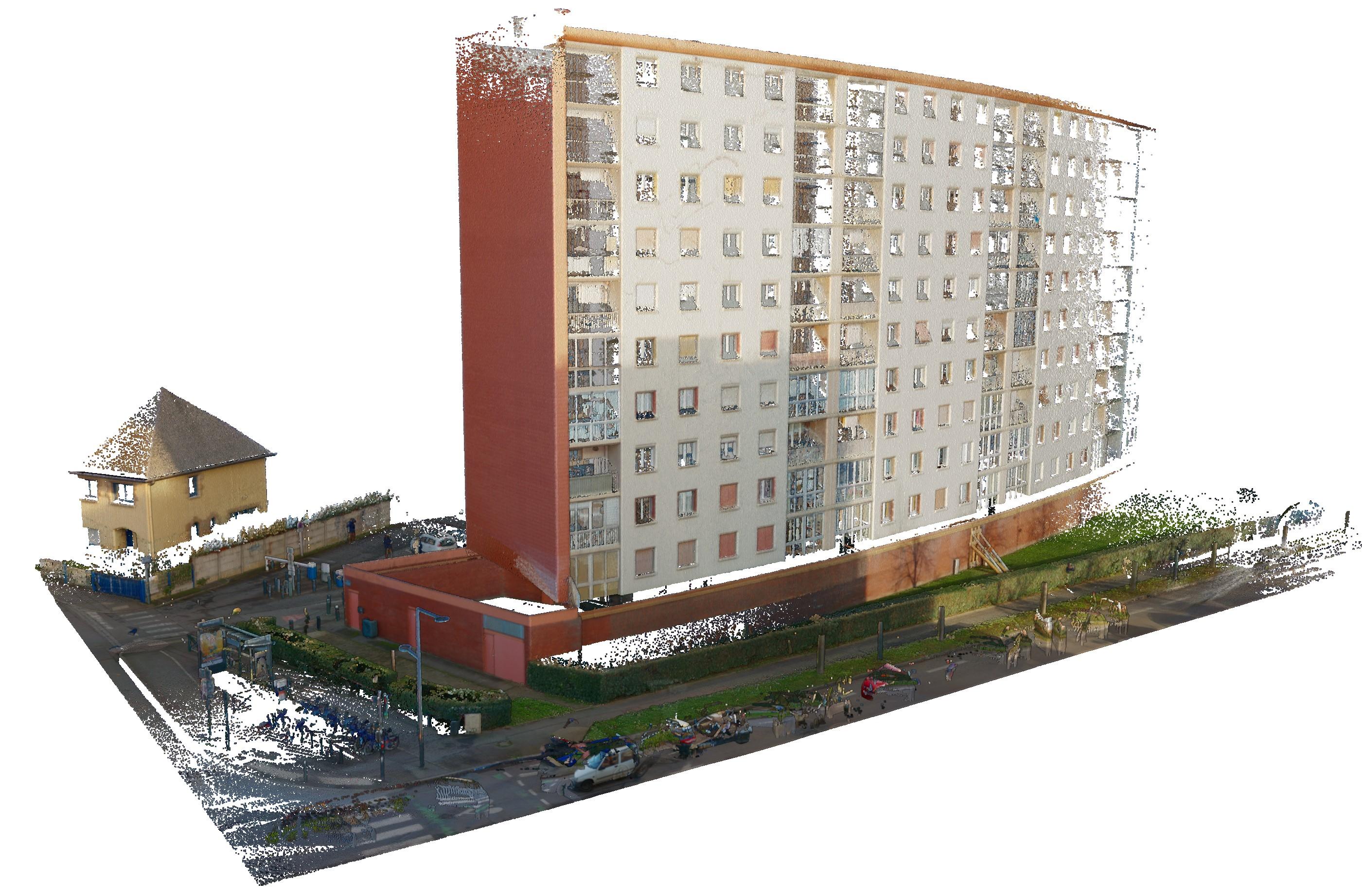 Vue Sud-Ouest : Relevé de l'existant, extrait du nuage de points réalisé au scanner laser