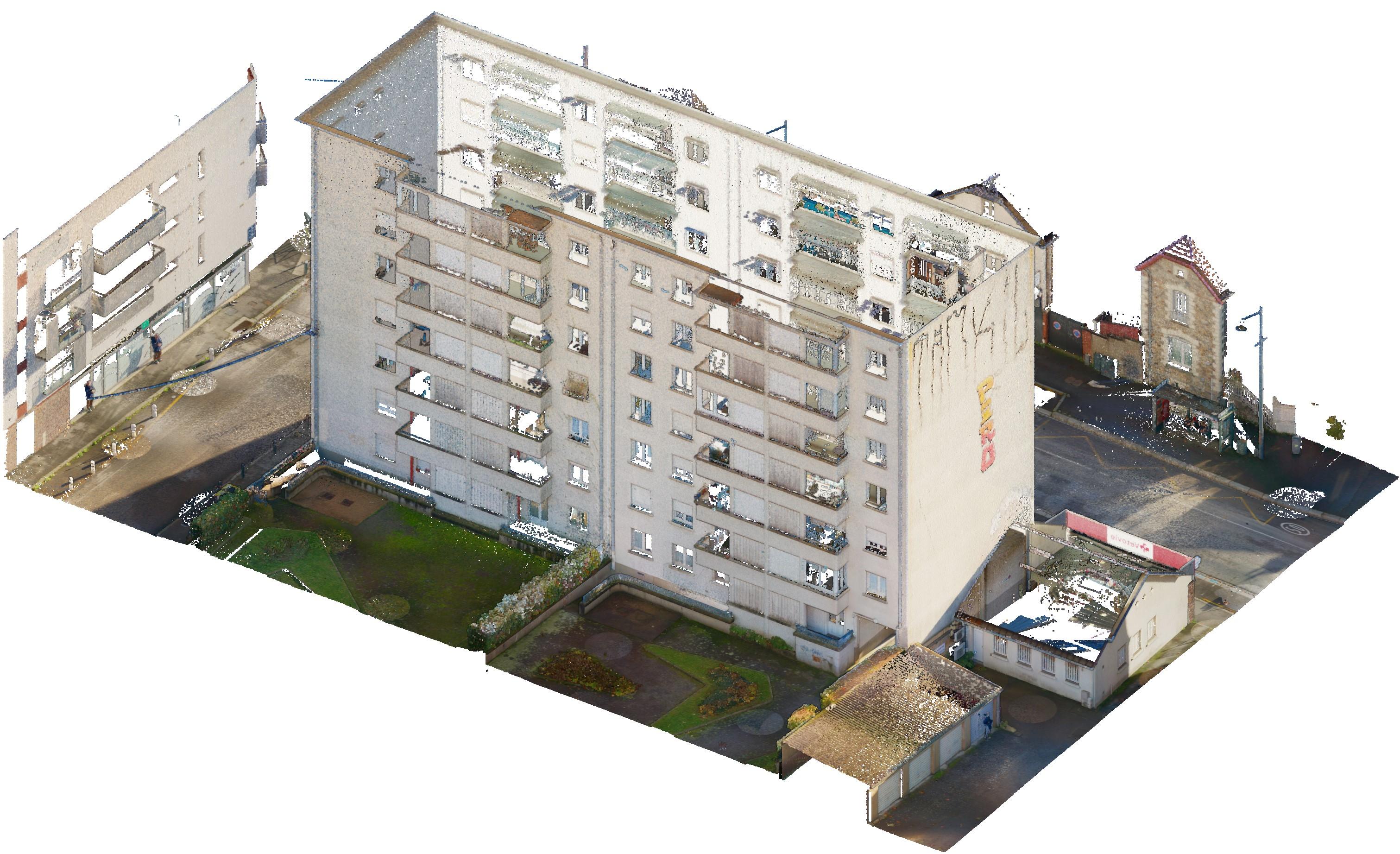 Axonométrie Nord-Ouest : Relevé de l'existant, extrait du nuage de points réalisé au scanner laser